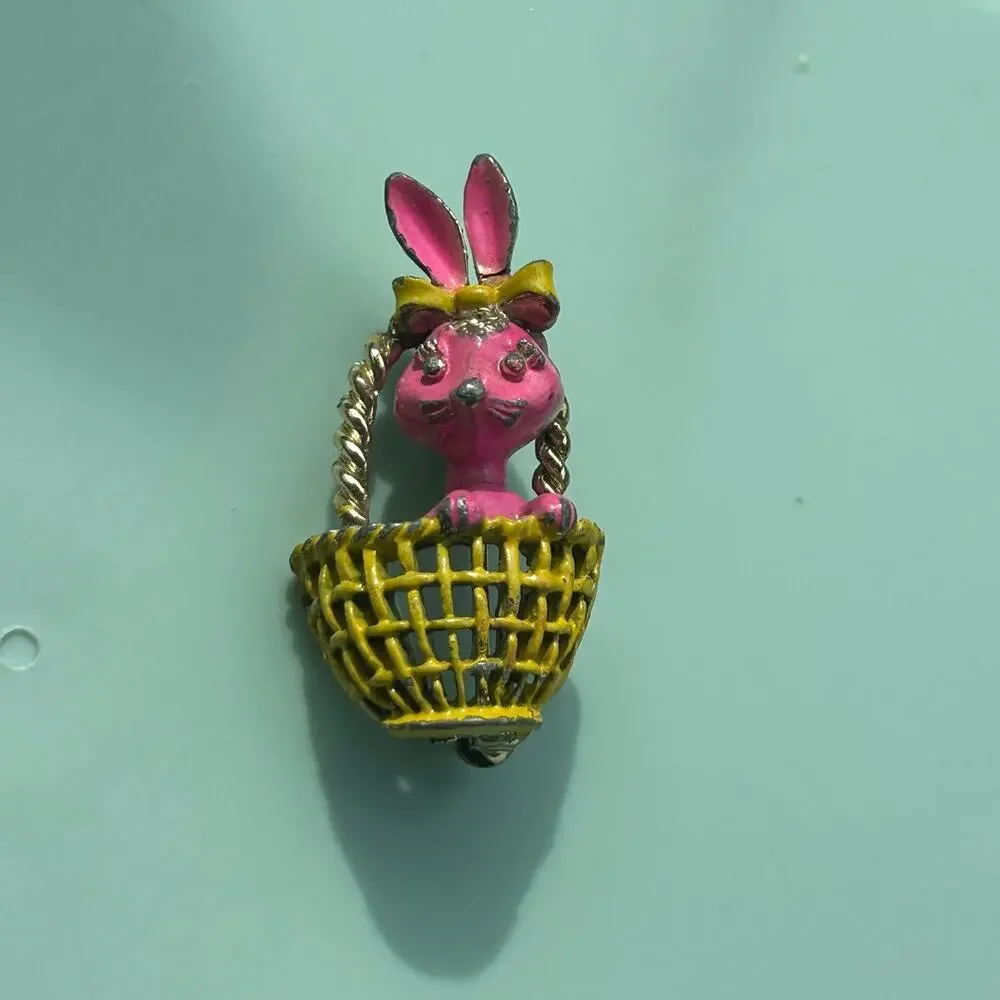 Vintage Hand-Painted Enamel Bunny in Basket Brooch | Easter Pink Rabbit Pin